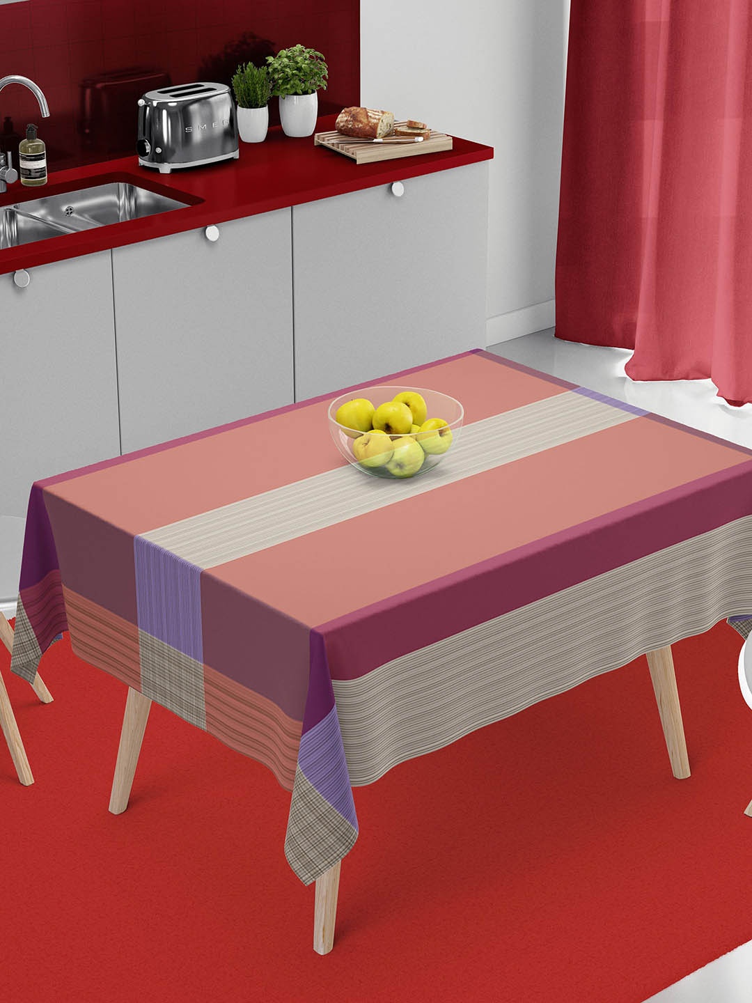 

HOME COLORS.IN Peach & White Stripe Cotton 4 Seater Square Table Cover