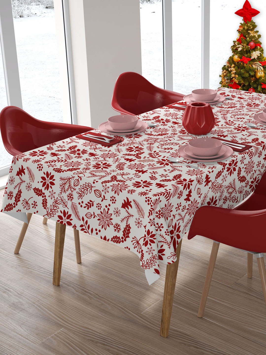 

HOME COLORS.IN Red & White Floral Printed 4 Seater Rectangle Cotton Table Cover