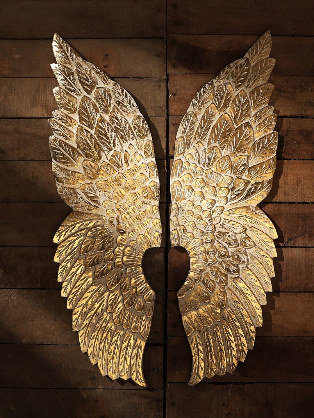 

Designer Library 2 Pcs White & Golden Angel Wings Carved Wall Hanging Panel Decor