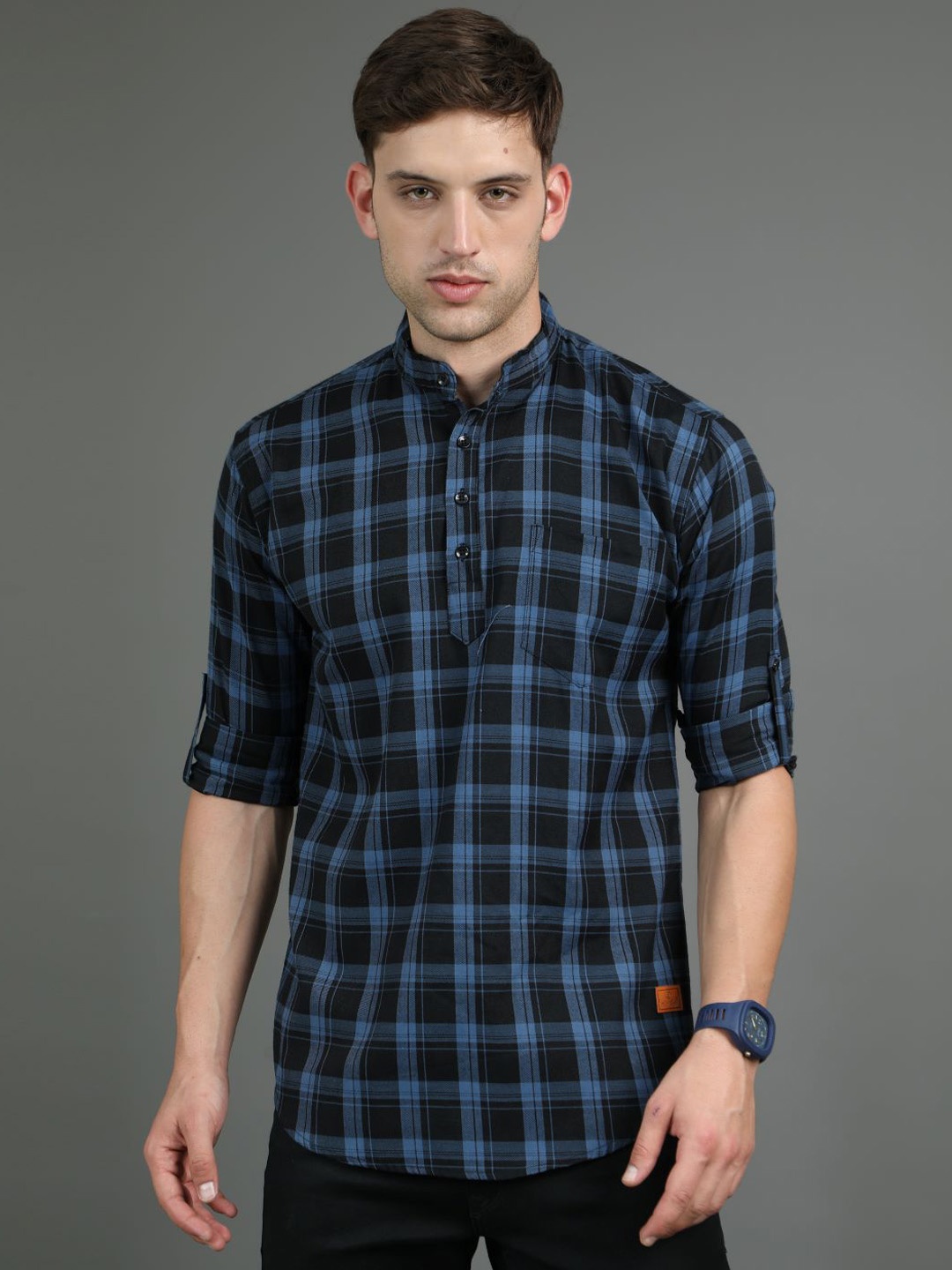 

Tallwalker Checked Pure Cotton Straight Kurta, Navy blue