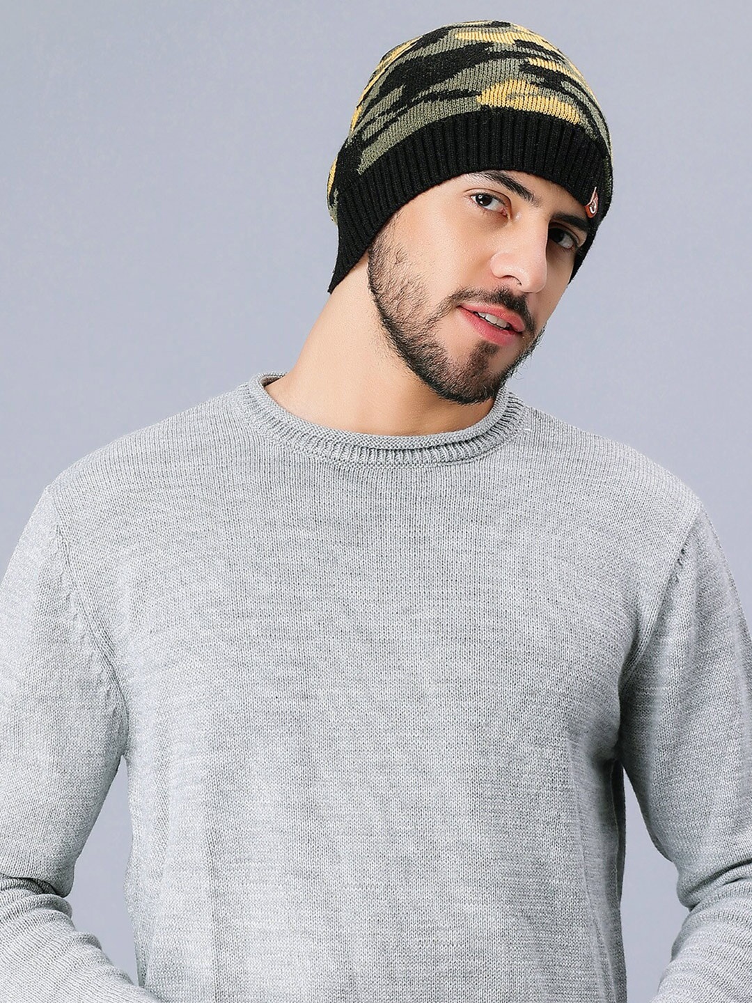 

Bharatasya Men Printed Acrylic Woollen Beanie Cap, Black