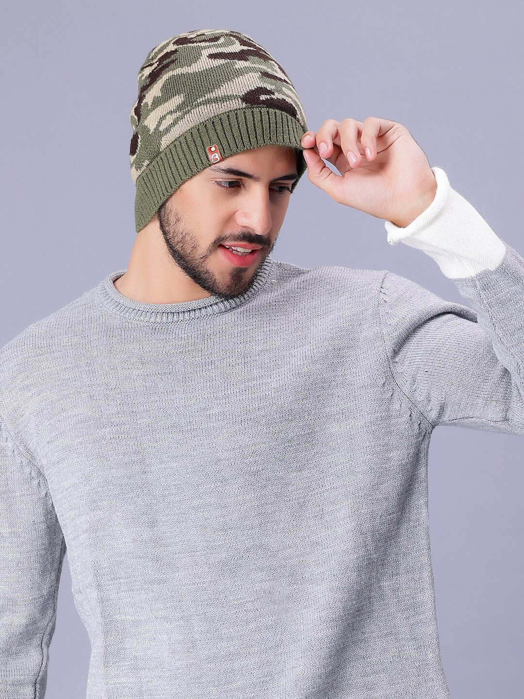 

Bharatasya Men Printed Acrylic Wool Beanie, Olive