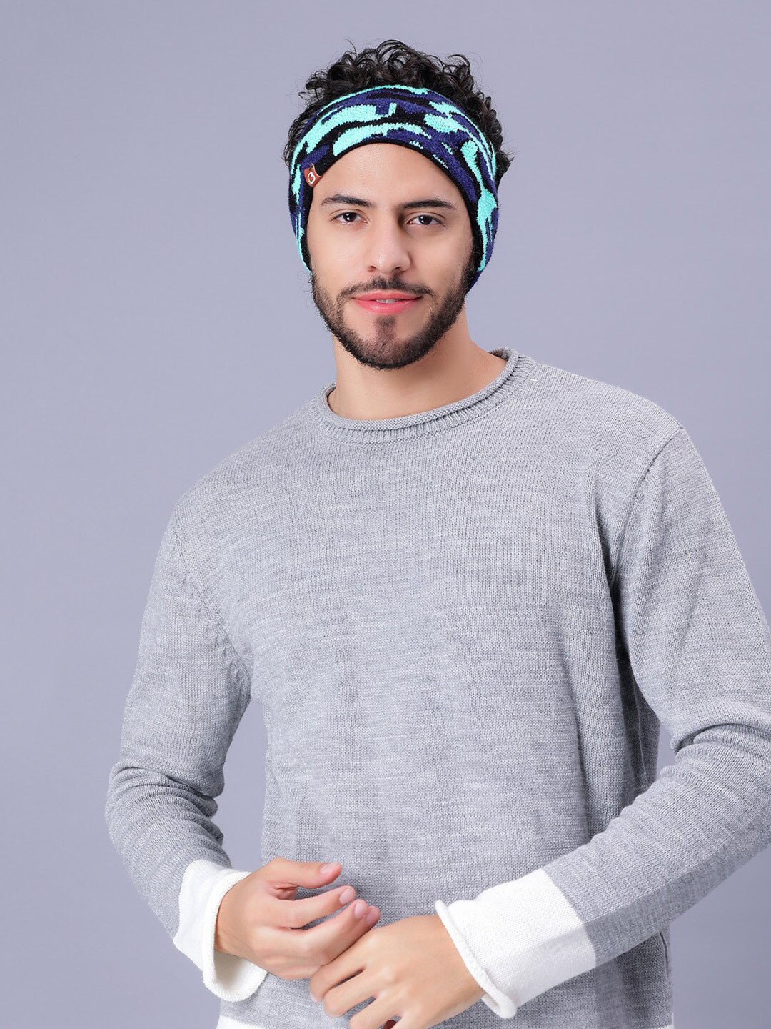 

Bharatasya Men Camouflage Printed Double Layered Acrylic Wool Ear Warmer Headband, Blue