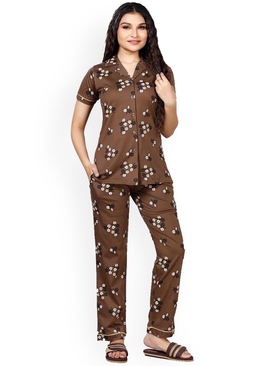 

Foxy Floral Printed Pure Cotton Night Suit, Brown