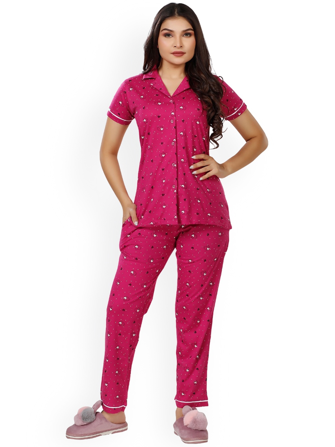 

Foxy Printed Lapel Collar Pure Cotton Night suit, Pink