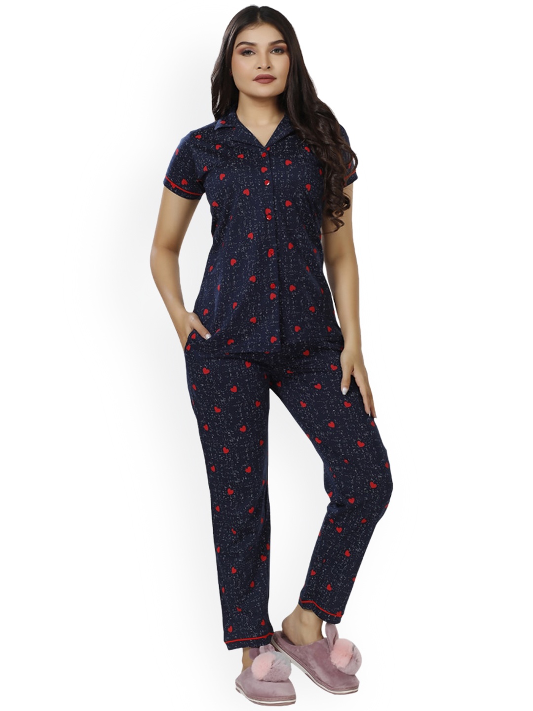 

Foxy Printed Lapel Collar Pure Cotton Night suit, Navy blue