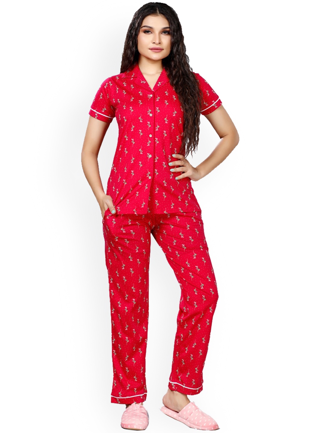

Foxy Floral Printed Pure Cotton Night suit, Pink
