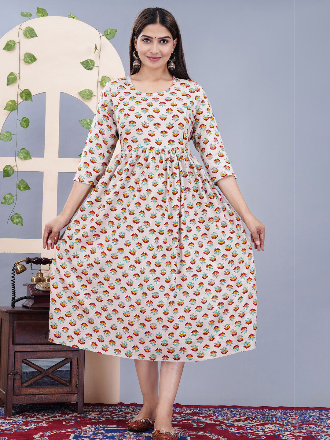 

BAESD Floral Printed Maternity Fit & Flare Ethnic Dress, Beige