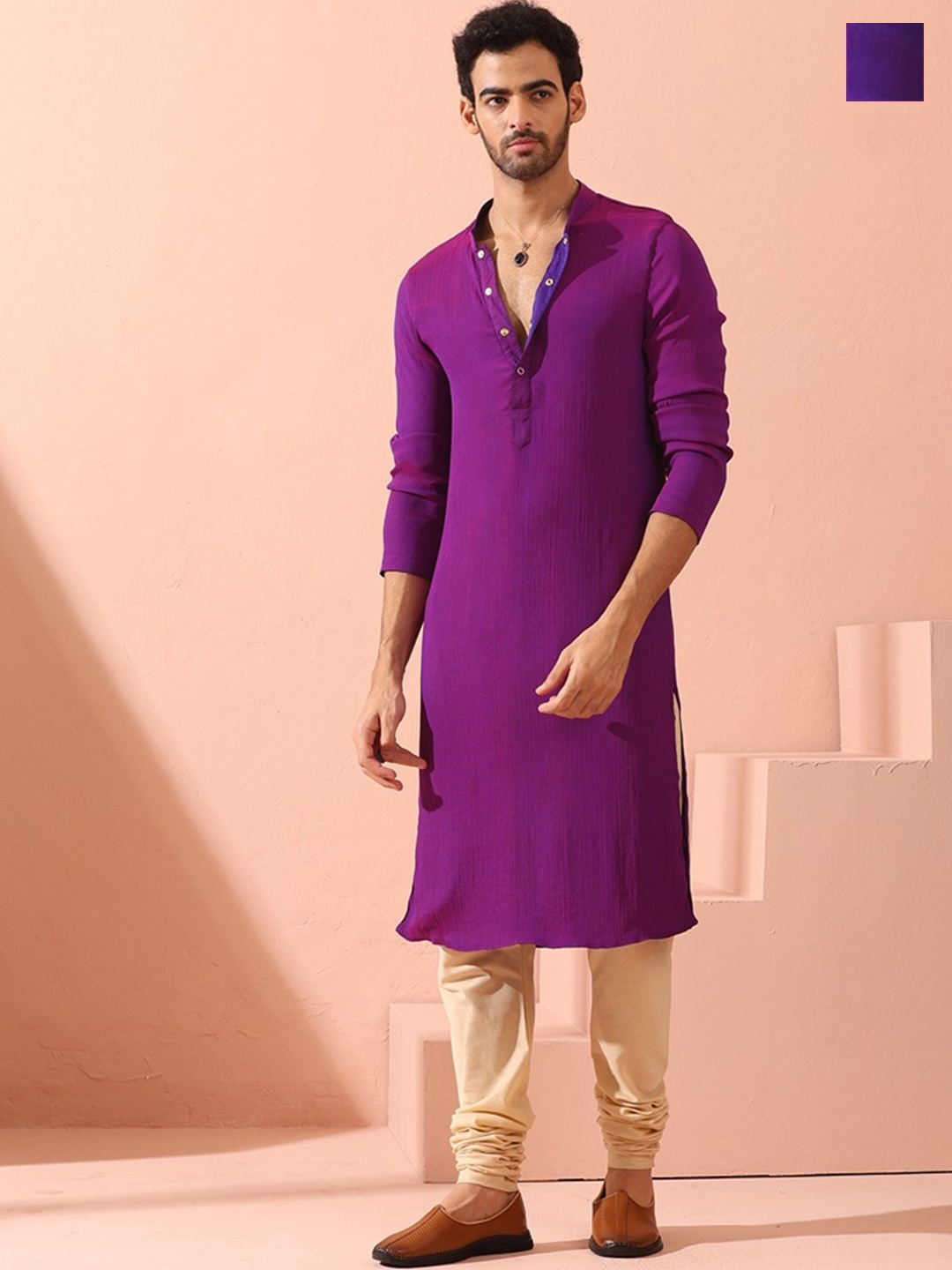 

Swtantra Reversible Mandarin Collar Chiffon Straight Kurta, Purple