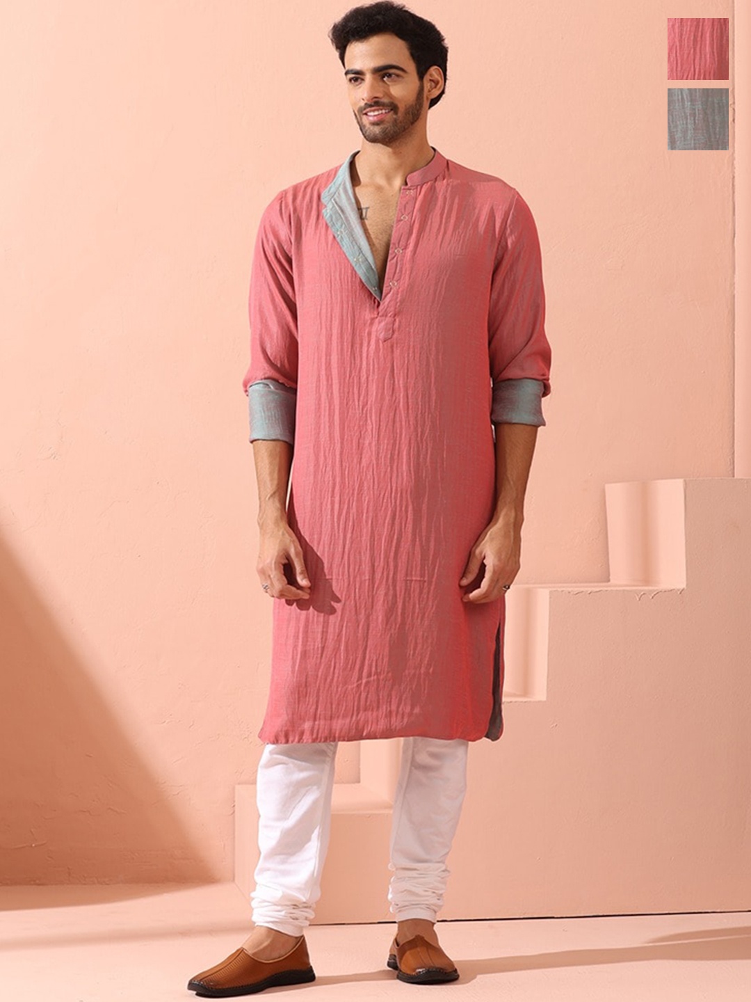 

Swtantra Mandarin Collar Reversable Straight Kurta, Pink