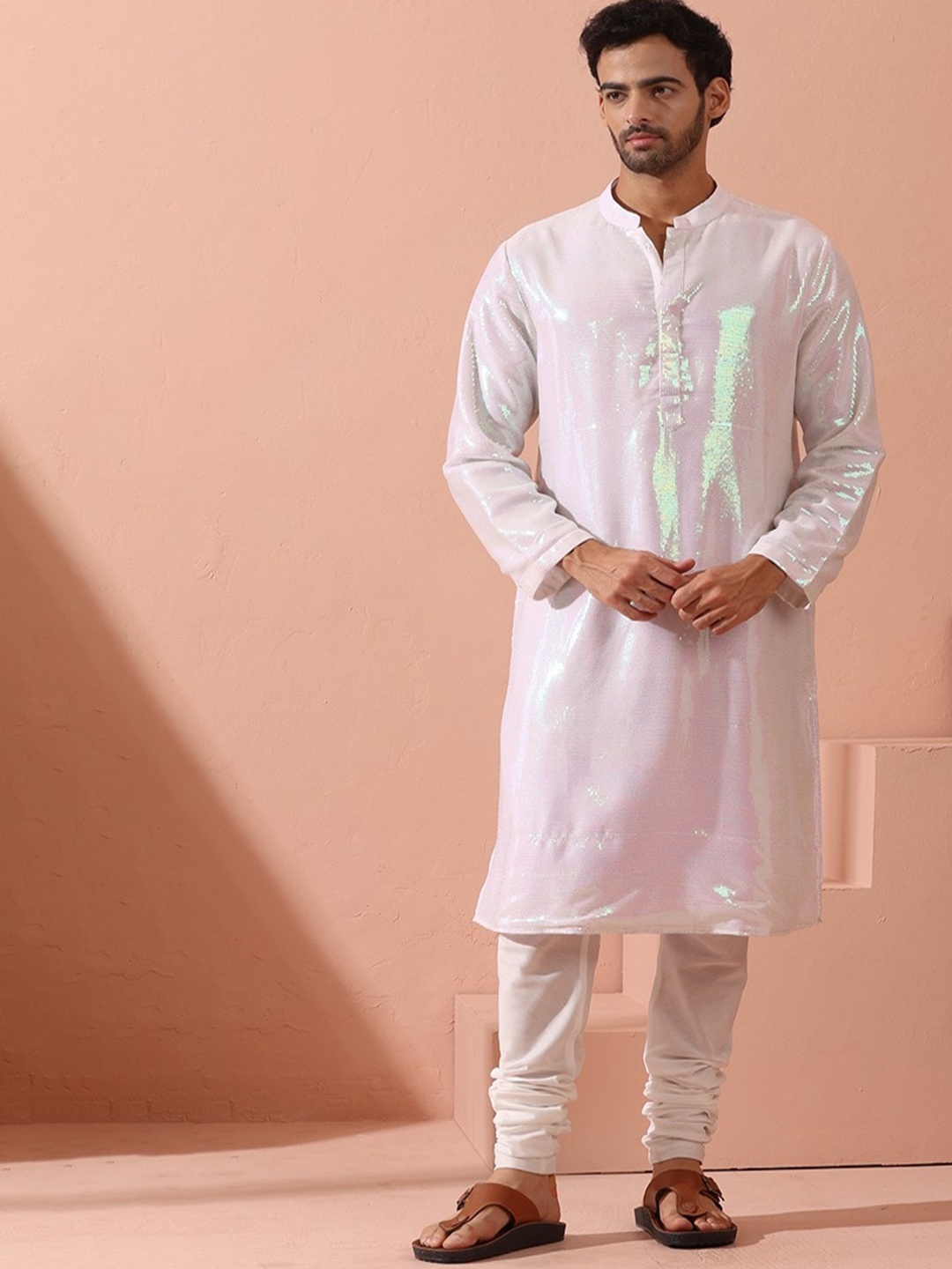 

Swtantra Mandarin Collar Sequinned Regular Kurta, White