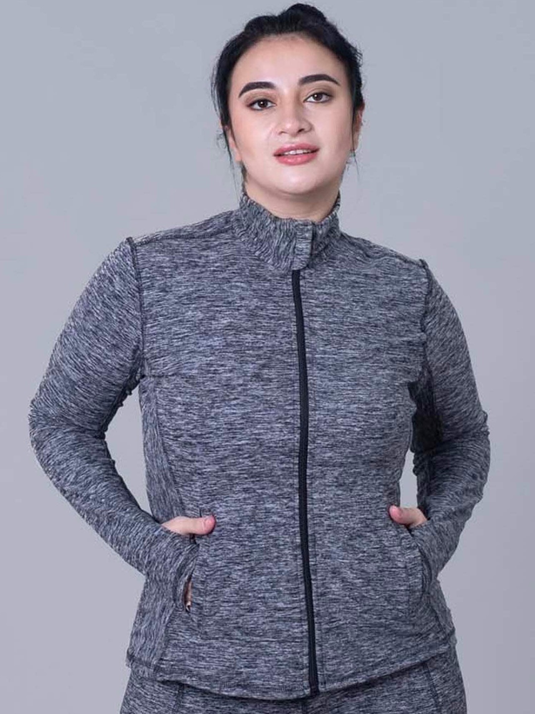 

Keepfit Mock Collar Athleisure Sporty Jacket, Grey melange