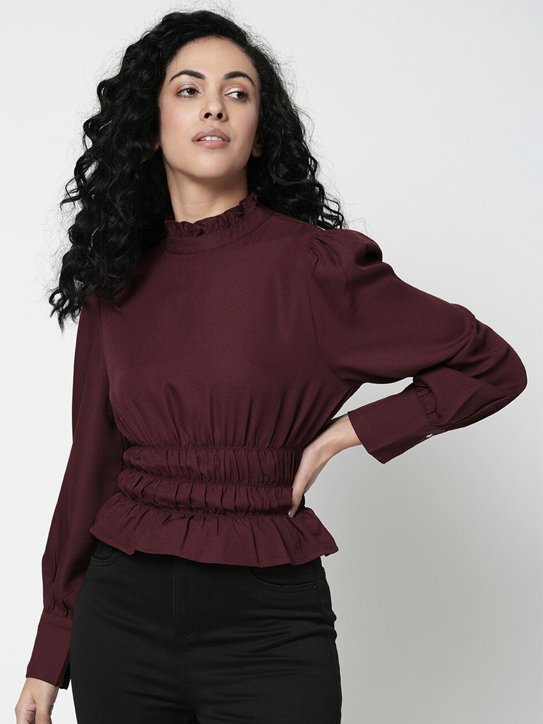 Vero Moda Bishop Sleeves Fringed Blouson Top, Maroon