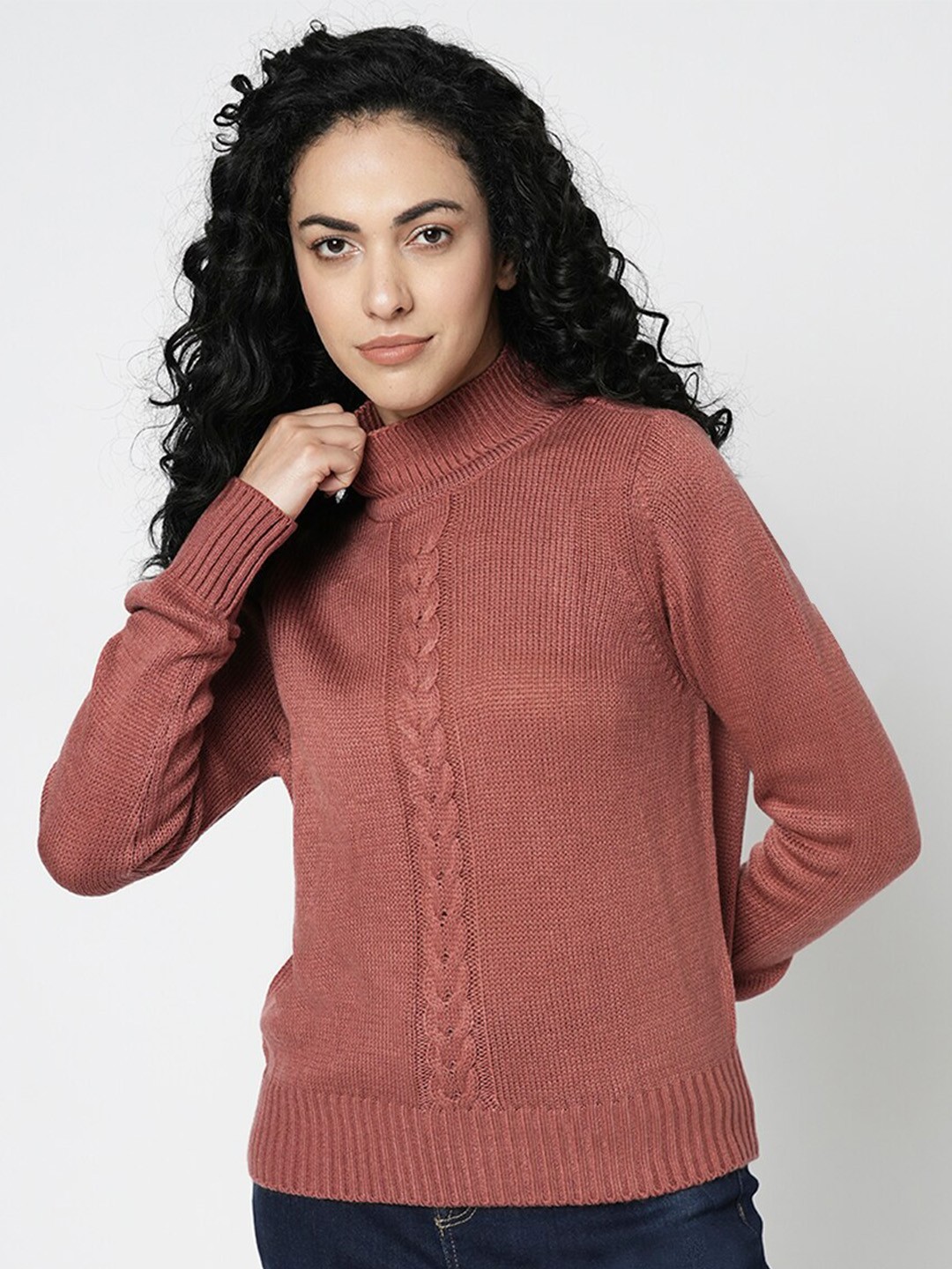 

Vero Moda Cable Knit Mock Collar Long Sleeves Acrylic Pullover Sweater, Brown
