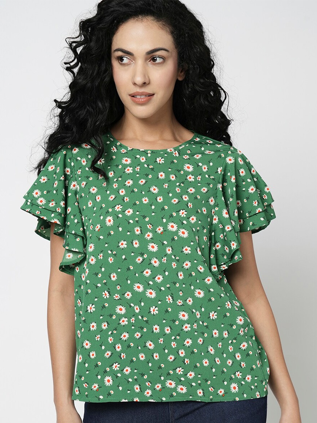 

Vero Moda Floral Printed Flutter Sleeves Ruffles Regular Top, Green