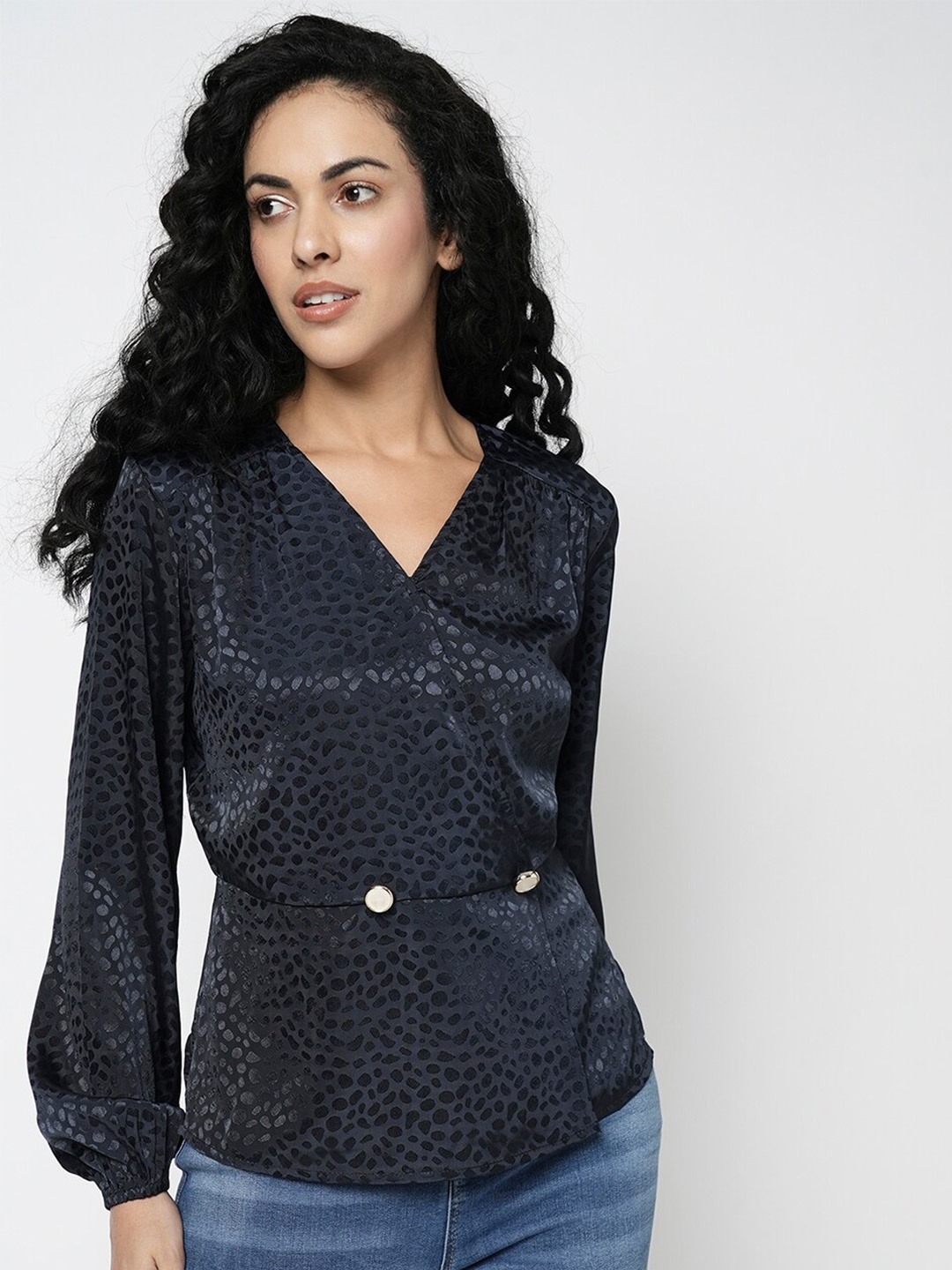 

Vero Moda Animal Printed V-Neck Bishop Sleeves Wrap Top, Black
