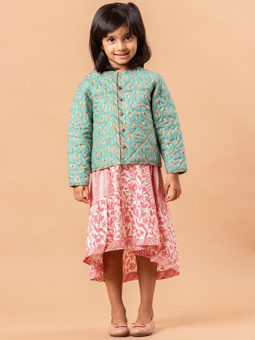 

Sangria Girls Lightweight Floral Printed Pure Cotton Quilted Jacket, Green