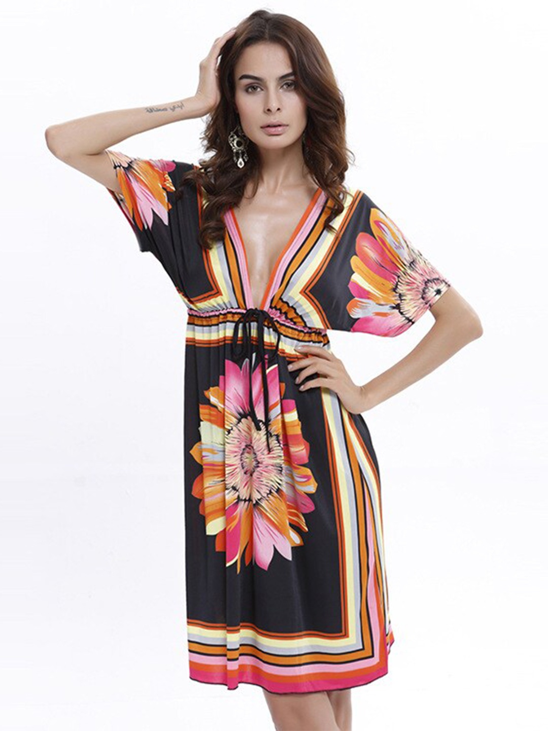 

StyleCast Black Floral Printed V-Neck Tie-Ups A-Line Dress