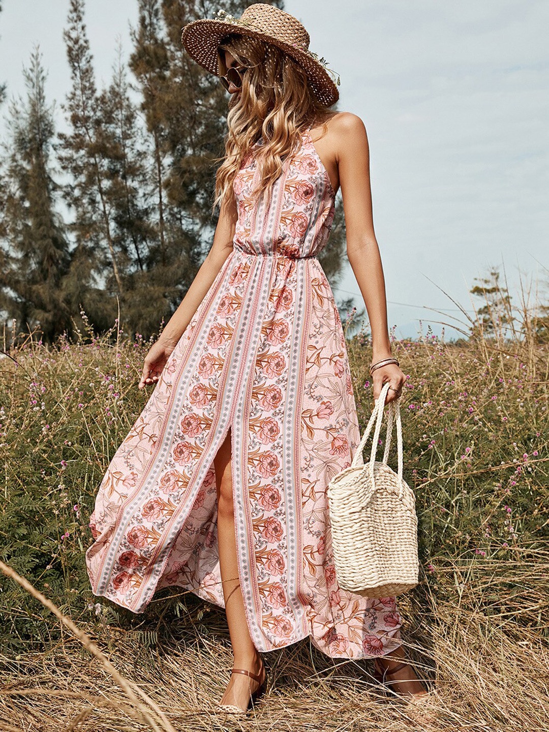 

StyleCast Pink Floral Printed Halter Neck Front Slit Tie-Up Detail Maxi A-Line Dress