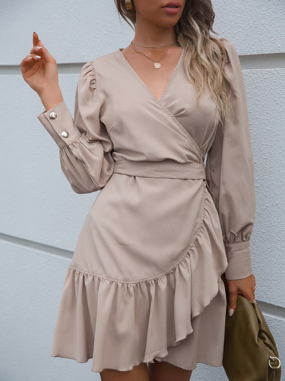 

StyleCast Beige Cuffed Sleeves Ruffled Wrap Dress