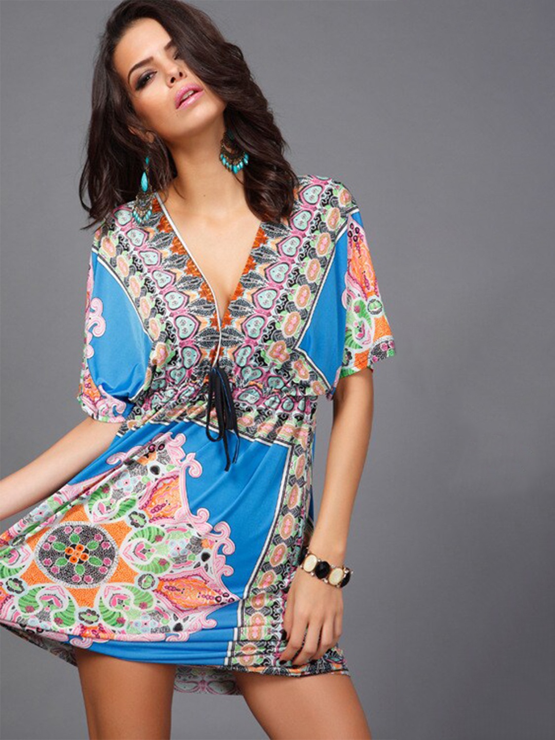 

StyleCast Blue Ethnic Motifs Printed V-Neck A-Line Dress