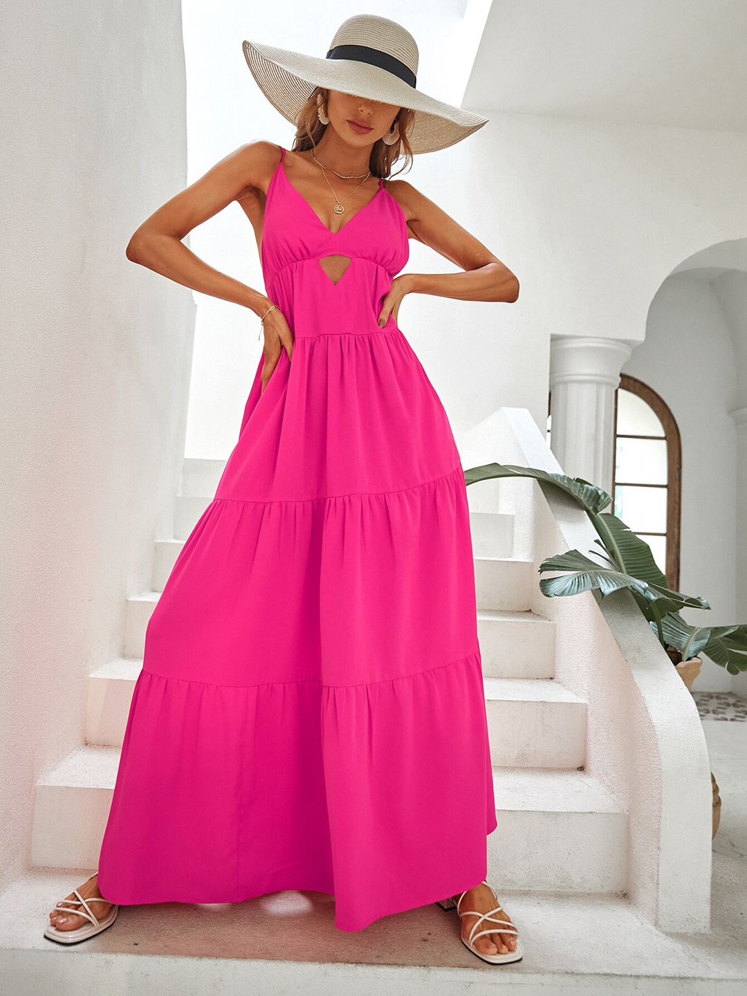 

StyleCast Pink Shoulder Straps Cut-Outs Tiered Maxi Dress