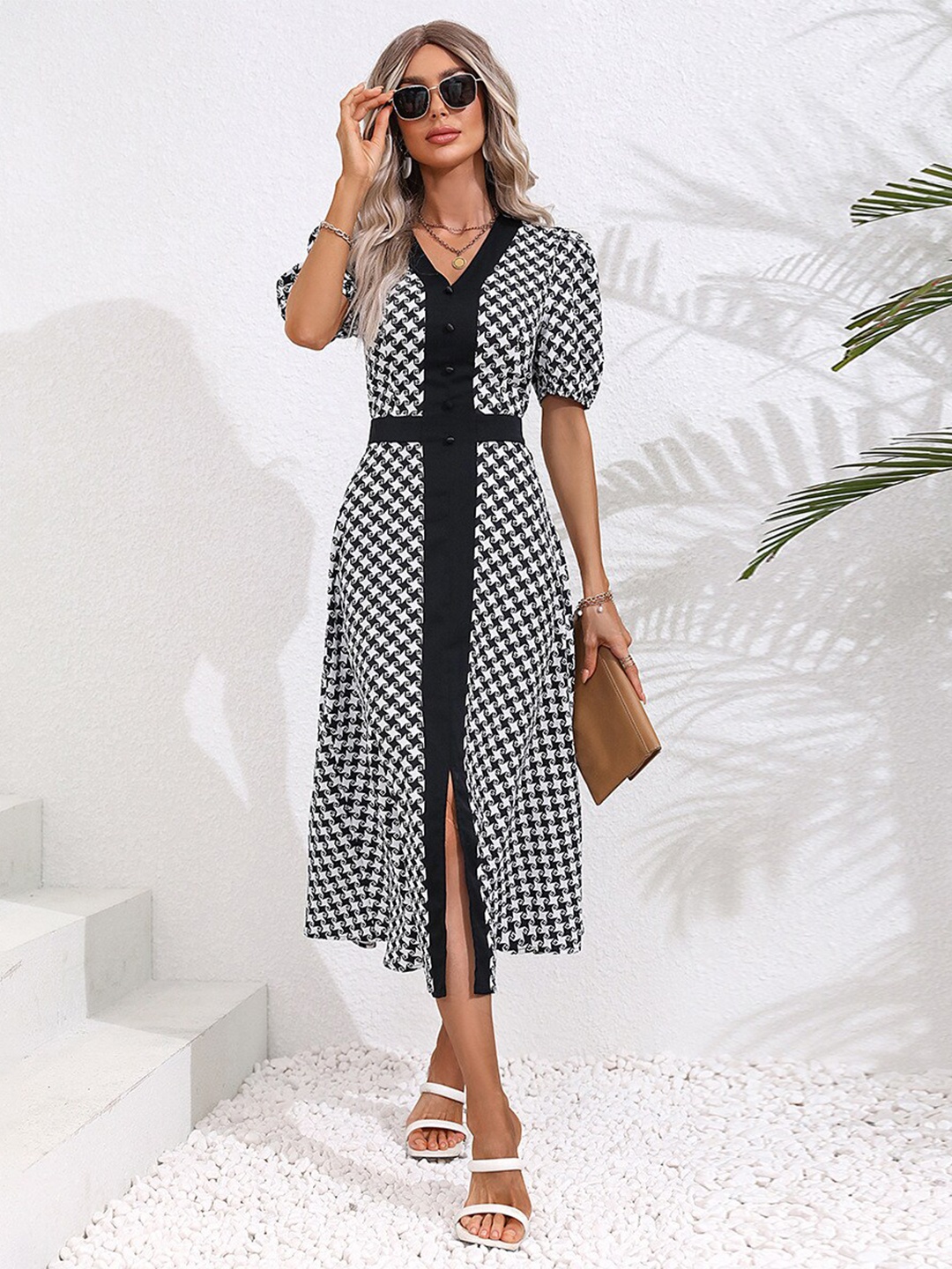 

StyleCast Black Printed Puff Sleeves A-Line Midi Dress