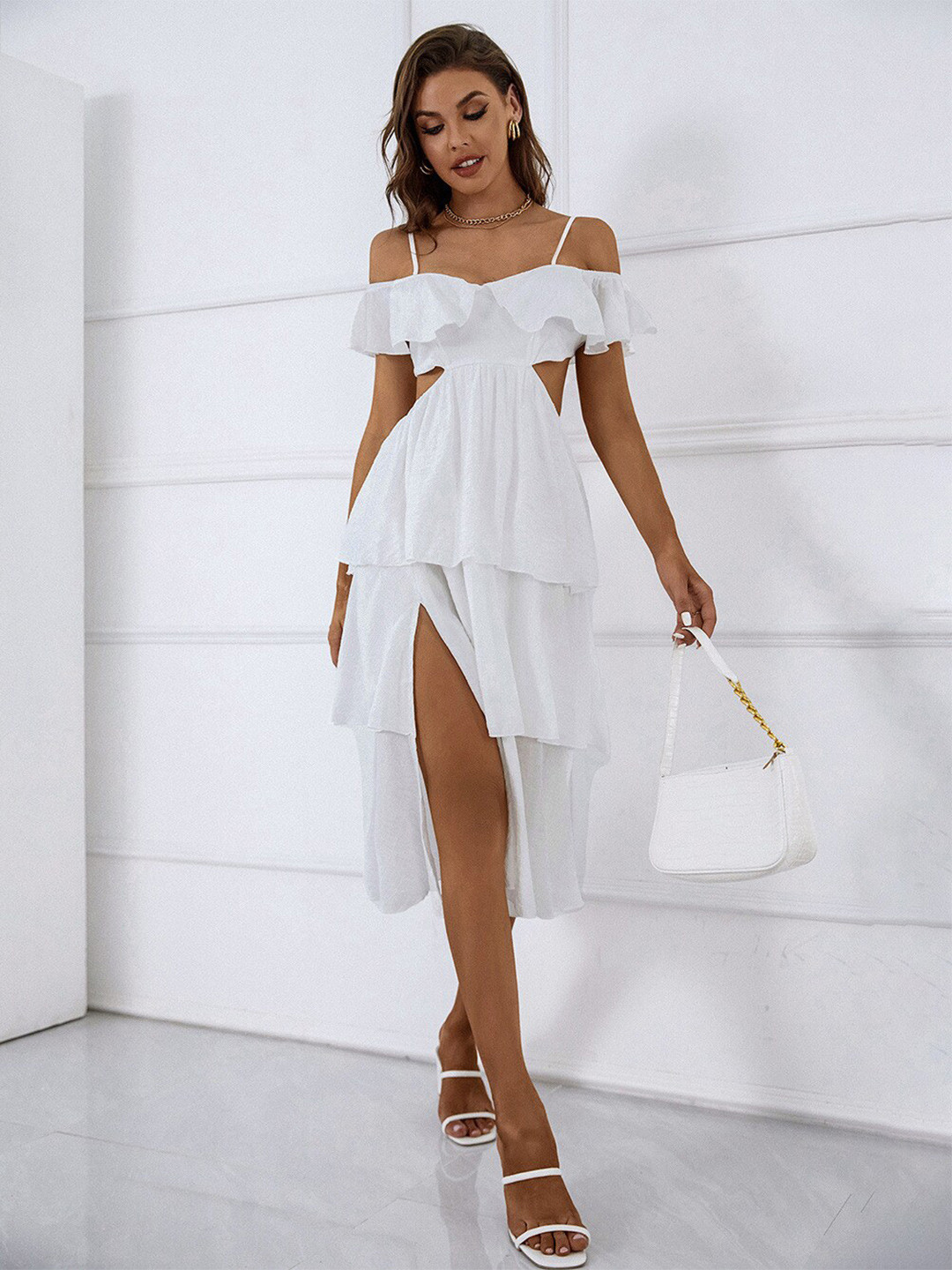 

StyleCast White Shoulder Straps Cold-Shoulder Sleeves Ruffles Cut-Outs Fit & Flare Dress