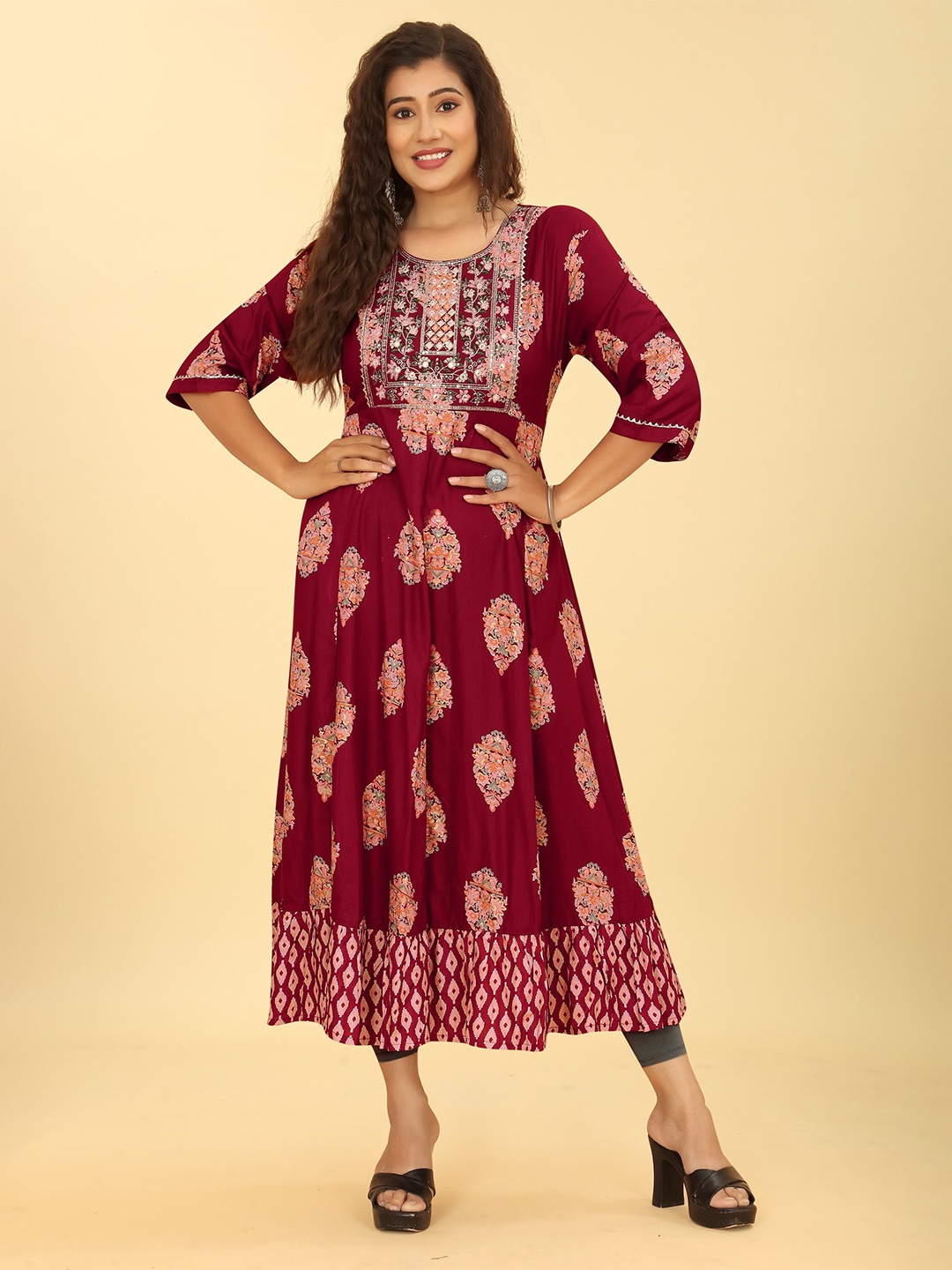 

Angeline Ethnic Motif Printed Cotton Anarkali Kurta, Maroon