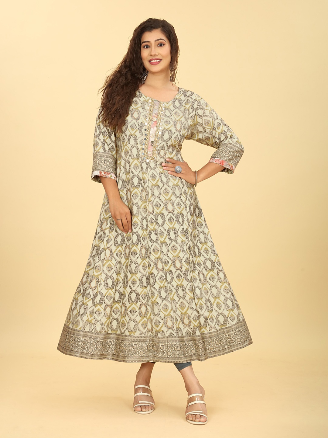 

Angeline Jaipuri Ethnic Motifs Printed Cotton Anarkali Kurta, Off white