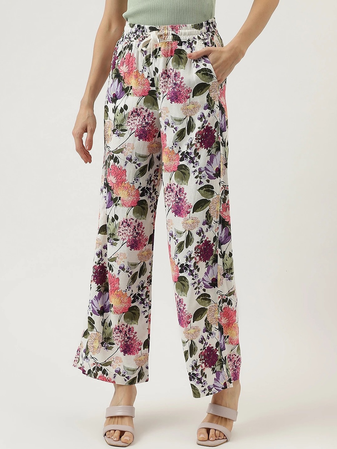 

Marks & Spencer Women Floral Printed High-Rise Parallel Trousers, White