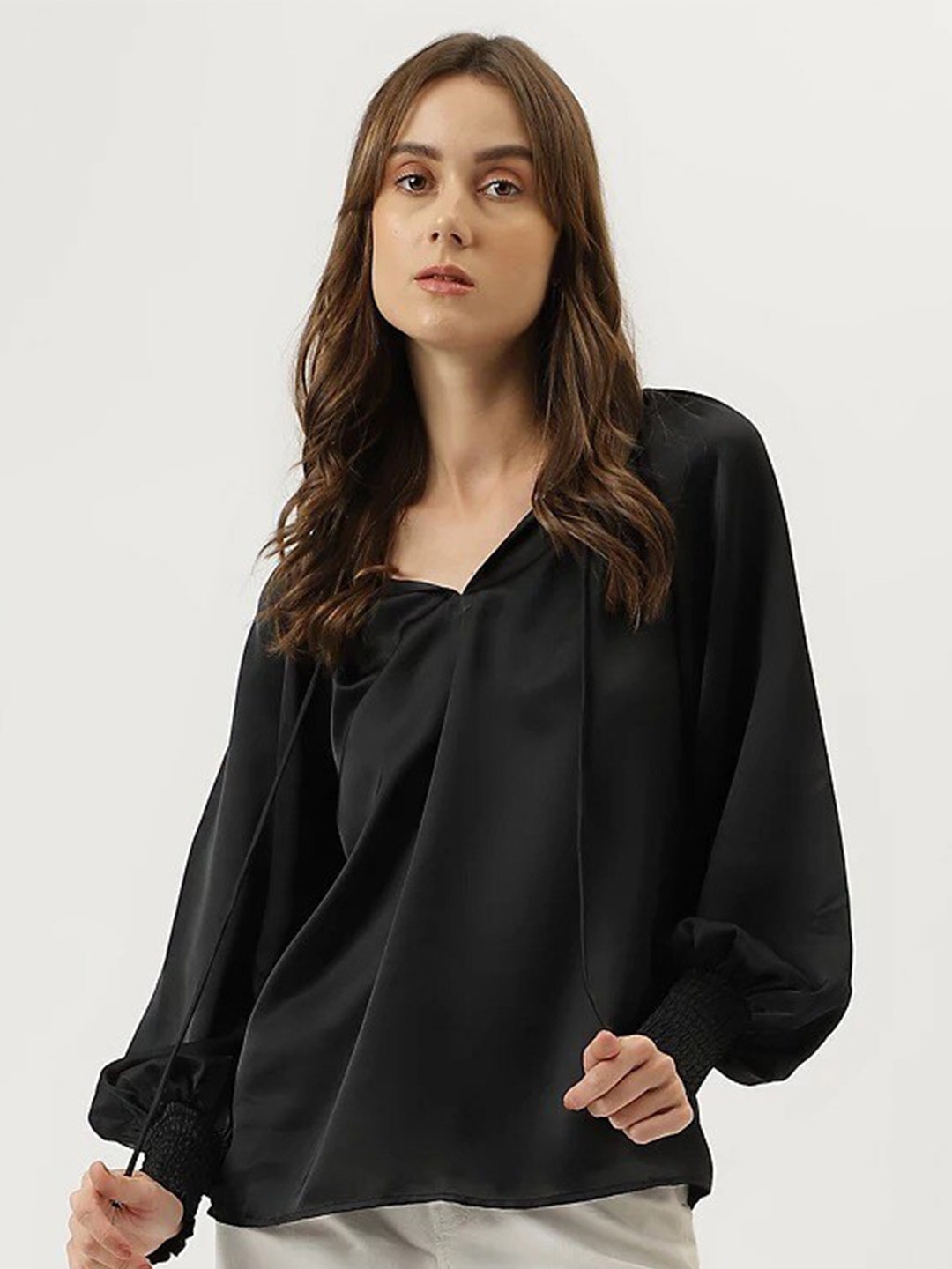 

Marks & Spencer Tie-Up Neck Puff Sleeves Top, Black