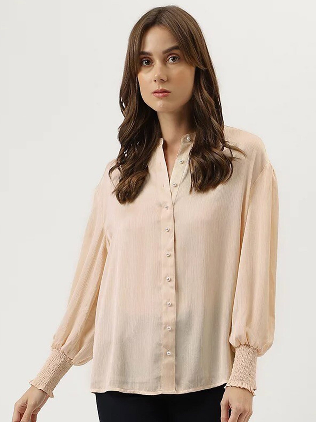 

Marks & Spencer Mandarin Collar Puff Sleeves Shirt Style Top, Beige
