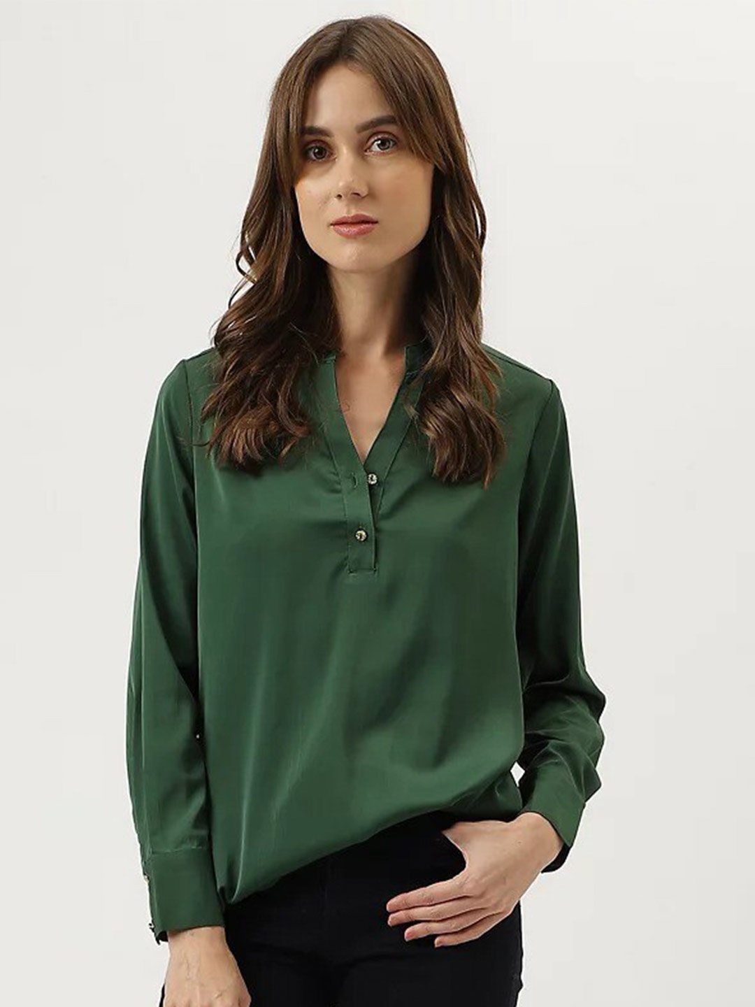 

Marks & Spencer Mandarin Collar Cuffed Sleeves Shirt Style Top, Green