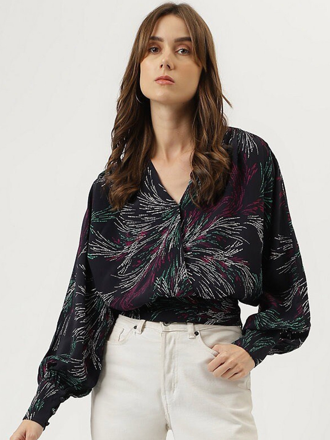 

Marks & Spencer Abstract Printed Puff Sleeves Blouson Top, Black