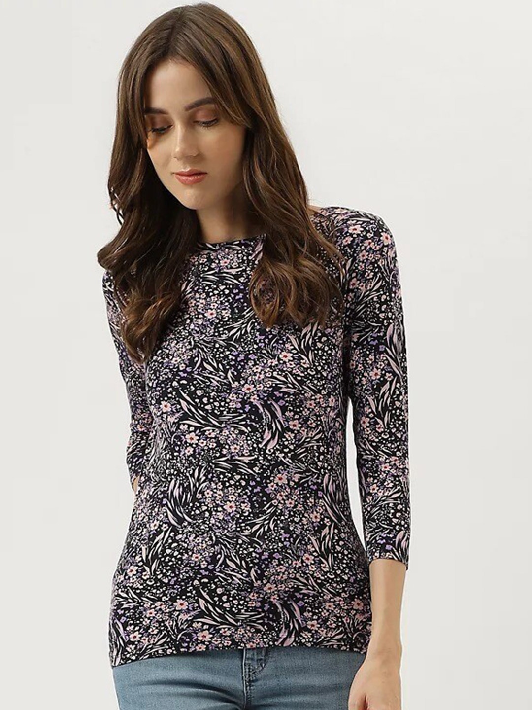 

Marks & Spencer Floral Printed Boat Neck Top, Black