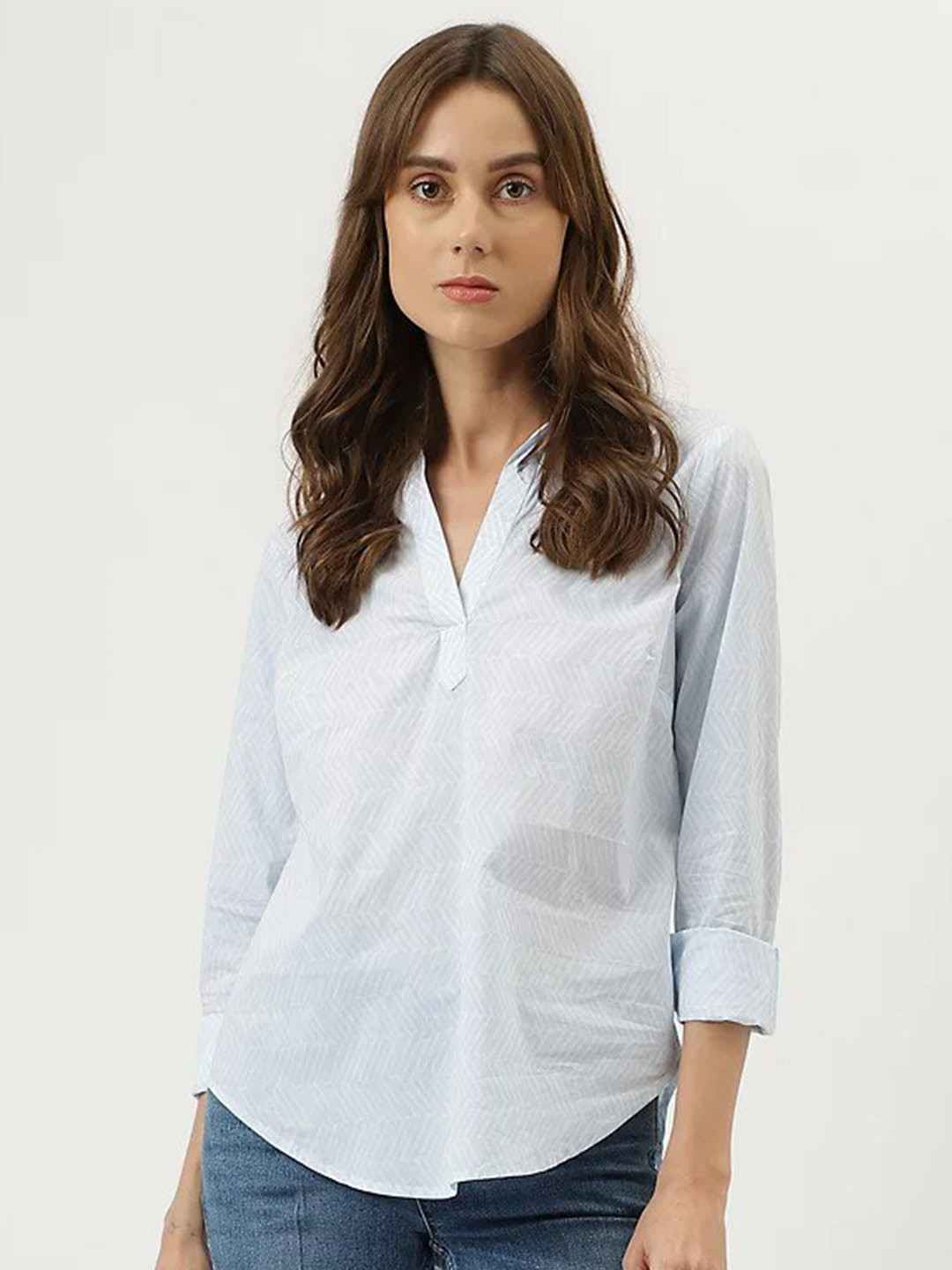 

Marks & Spencer Chevron Printed Cuffed Sleeves Shirt Style Top, Blue