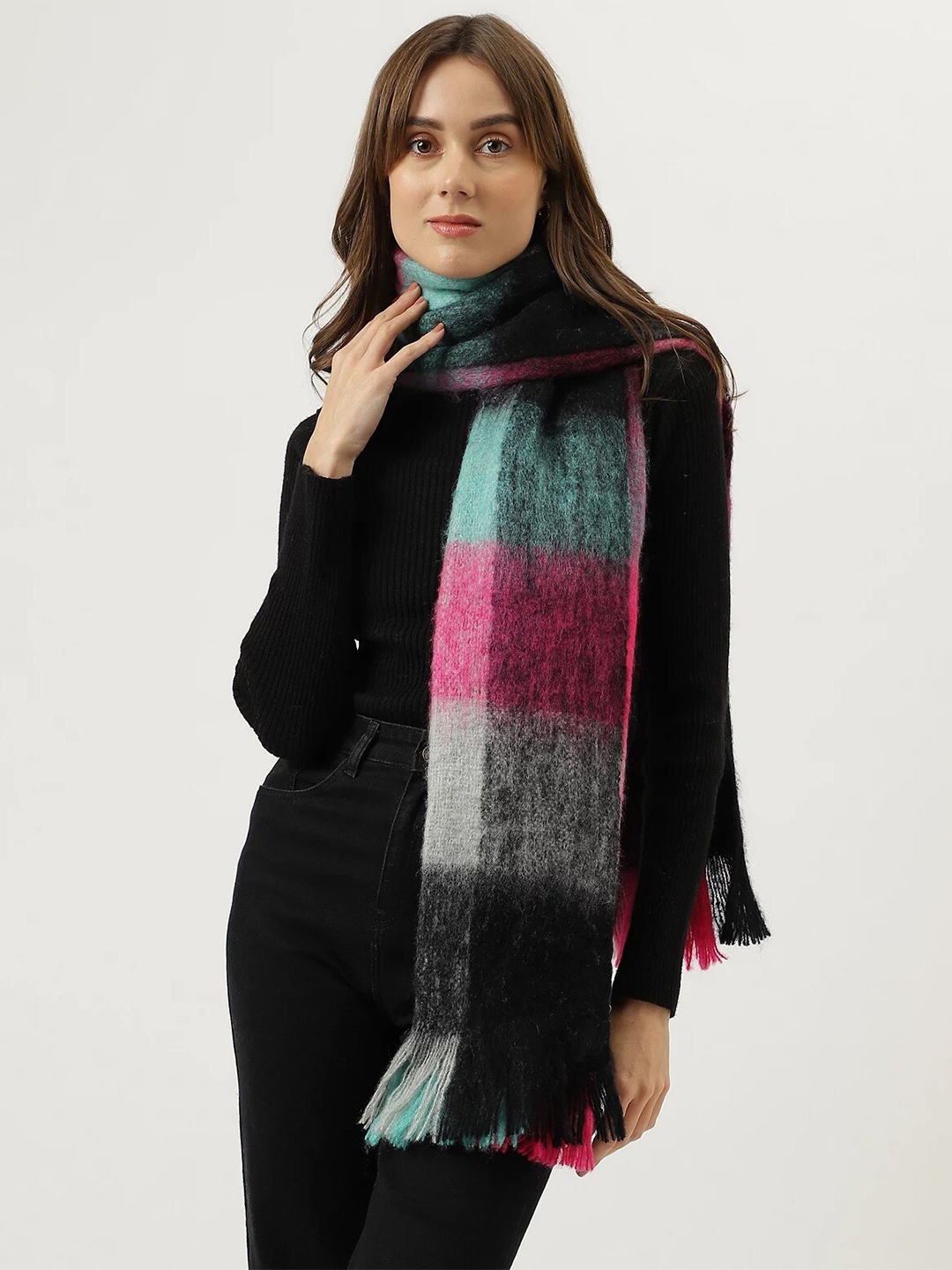 

Marks & Spencer Checked Tasselled Border Scarf, Green