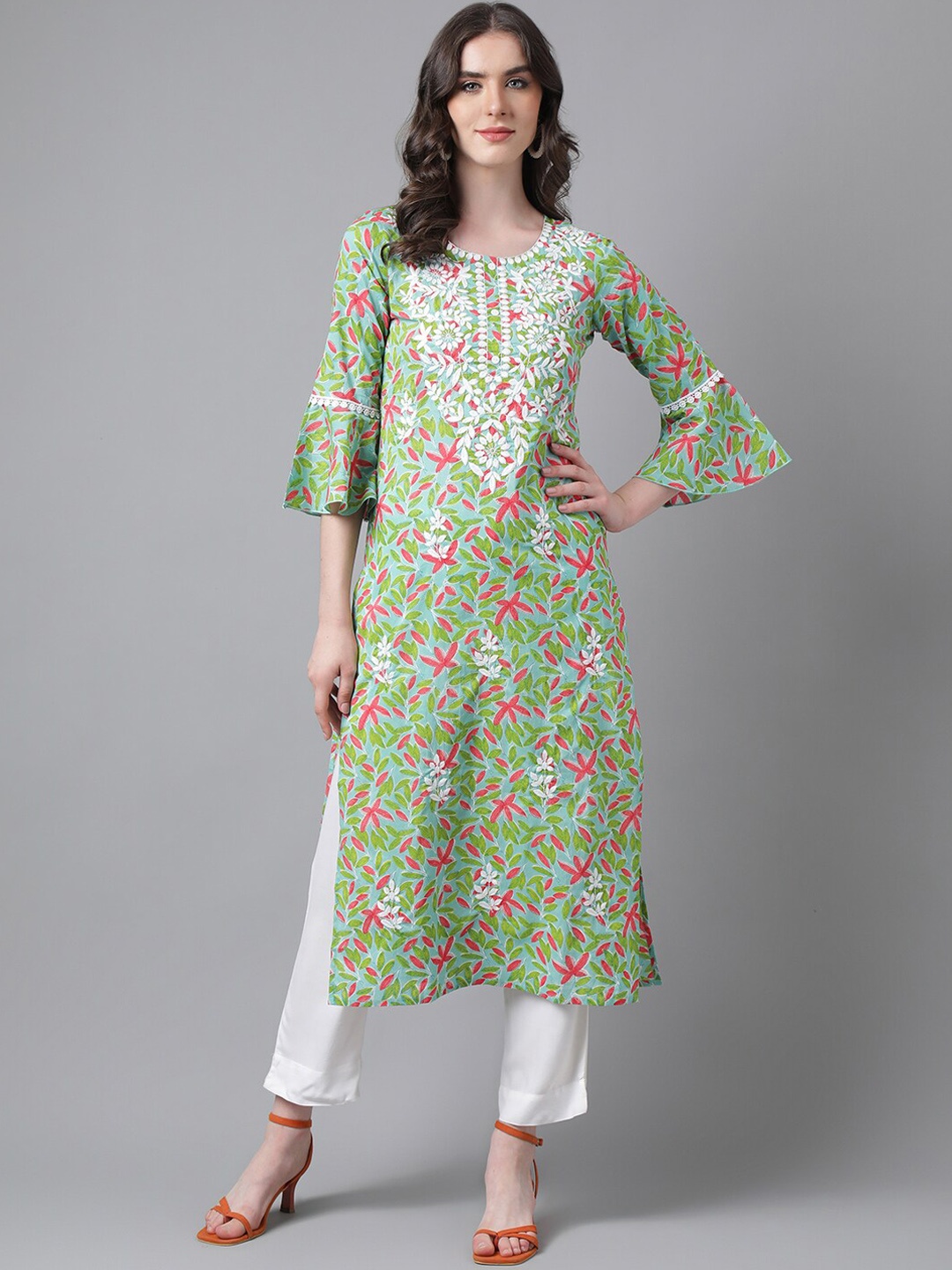 

PURVIJA KURTIES Ethnic Motifs Embroidered Round Neck Thread Work Straight Kurta, Green