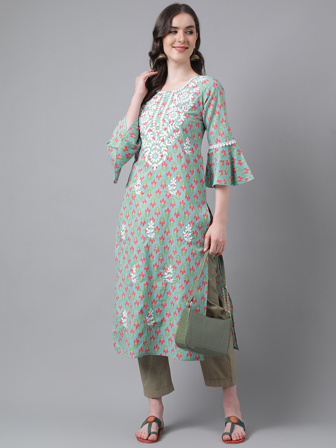 

PURVIJA KURTIES Ethnic Motifs Embroidered Round Neck Thread Work Straight Kurta, Green