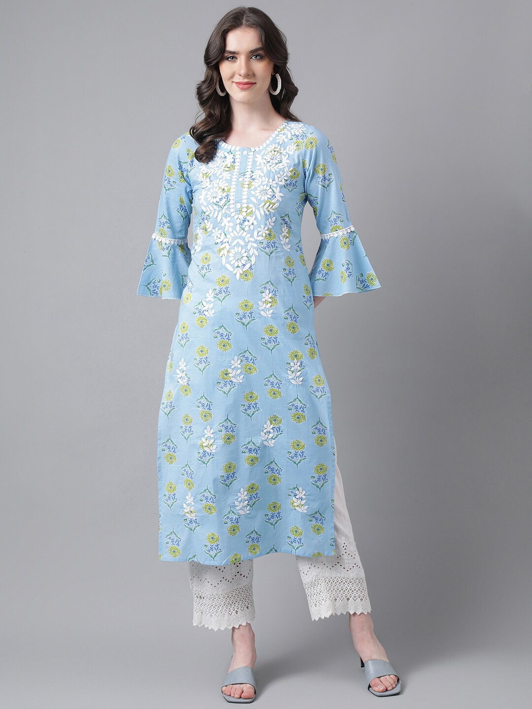 

PURVIJA KURTIES Floral Printed Bell Sleeves Thread Work Straight Kurta, Blue