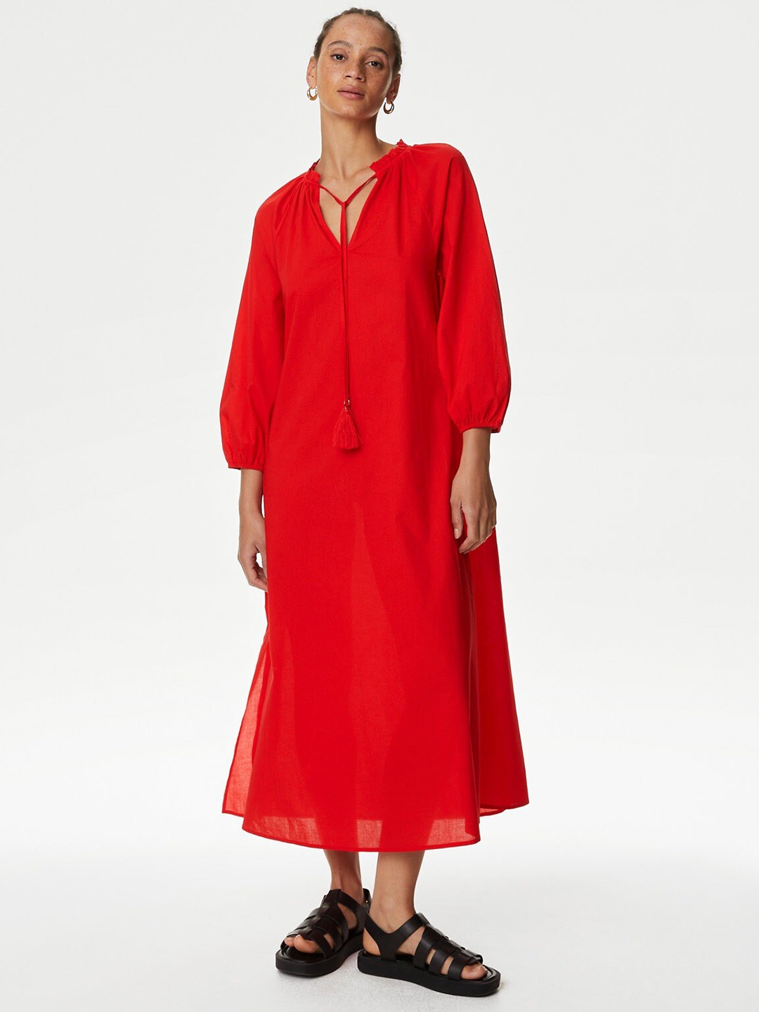 

Marks & Spencer Tie-Up Neck Puff Sleeves Pure Cotton A-Line Dress, Red