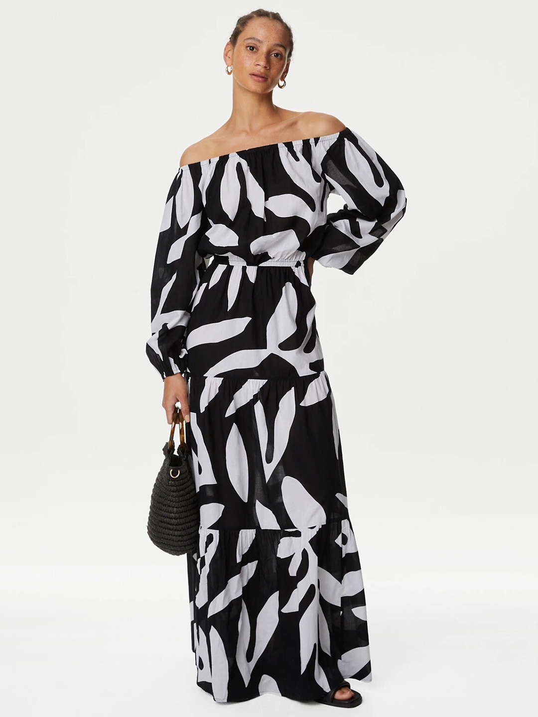 

Marks & Spencer Floral Printed Off Shoulder Tiered Pure Cotton Maxi Dress, Black