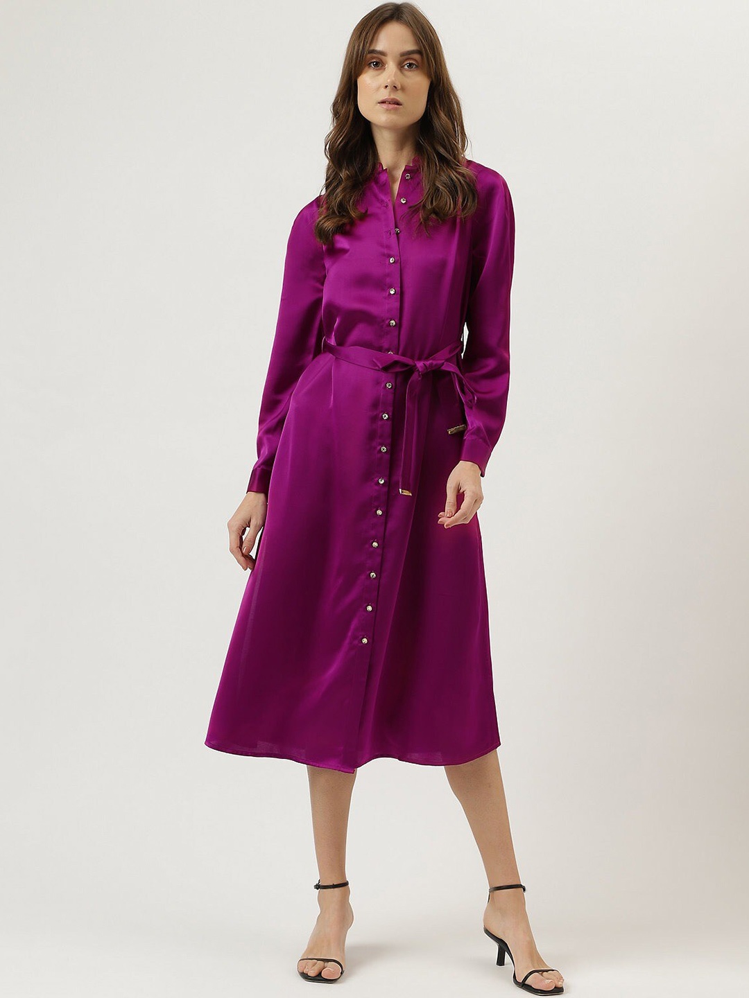 

Marks & Spencer Mandarin Collar Belted Midi Shirt Dress, Purple
