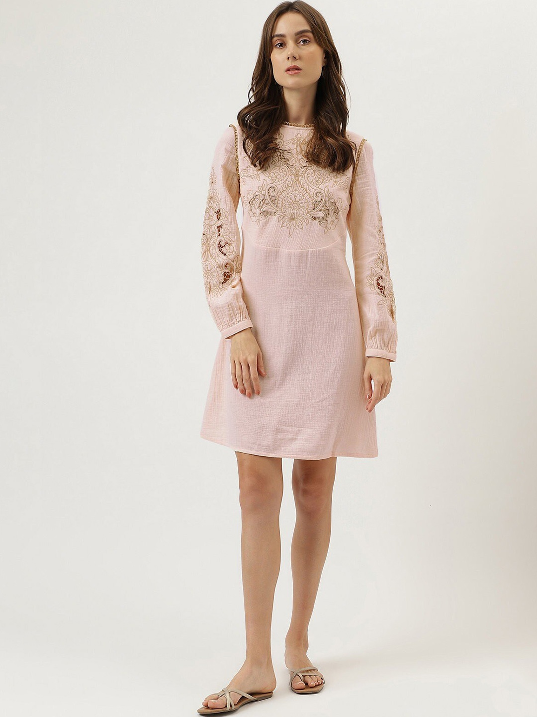 

Marks & Spencer Embroidered Cut-Out Detail Cuffed Sleeves Round Neck A-Line Dress, Pink