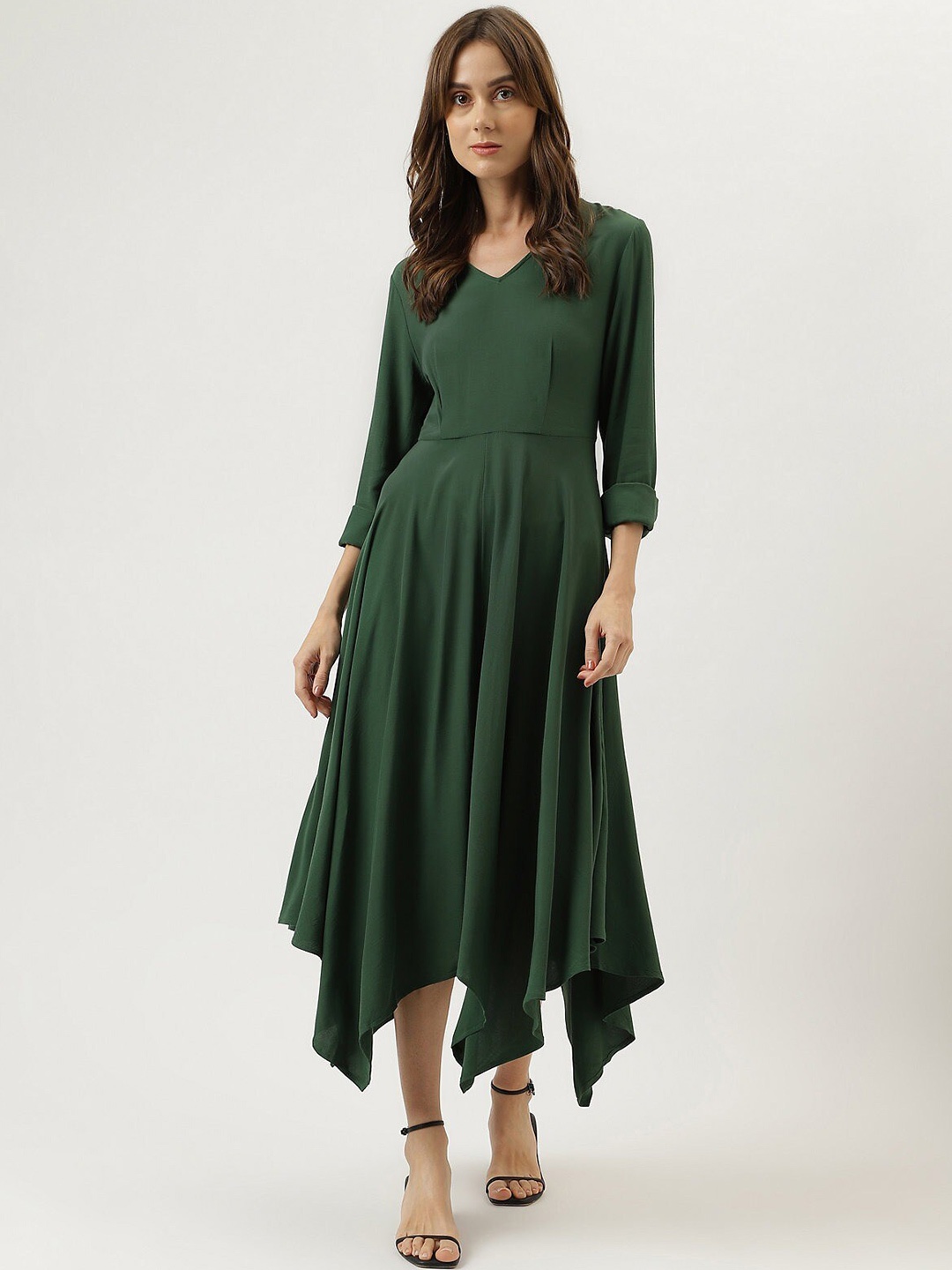 

Marks & Spencer V-Neck Cuffed Sleeves Asymmetric Midi Fit & Flare Dress, Green