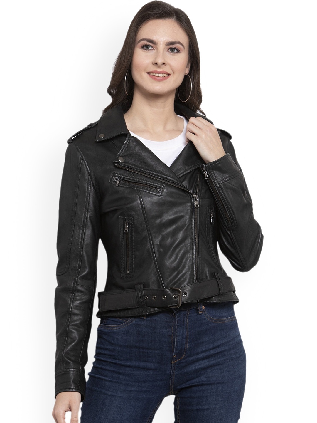 

BEAVER Spread Collar Lightweight Rapid-Dry Leather Biker Jacket, Black