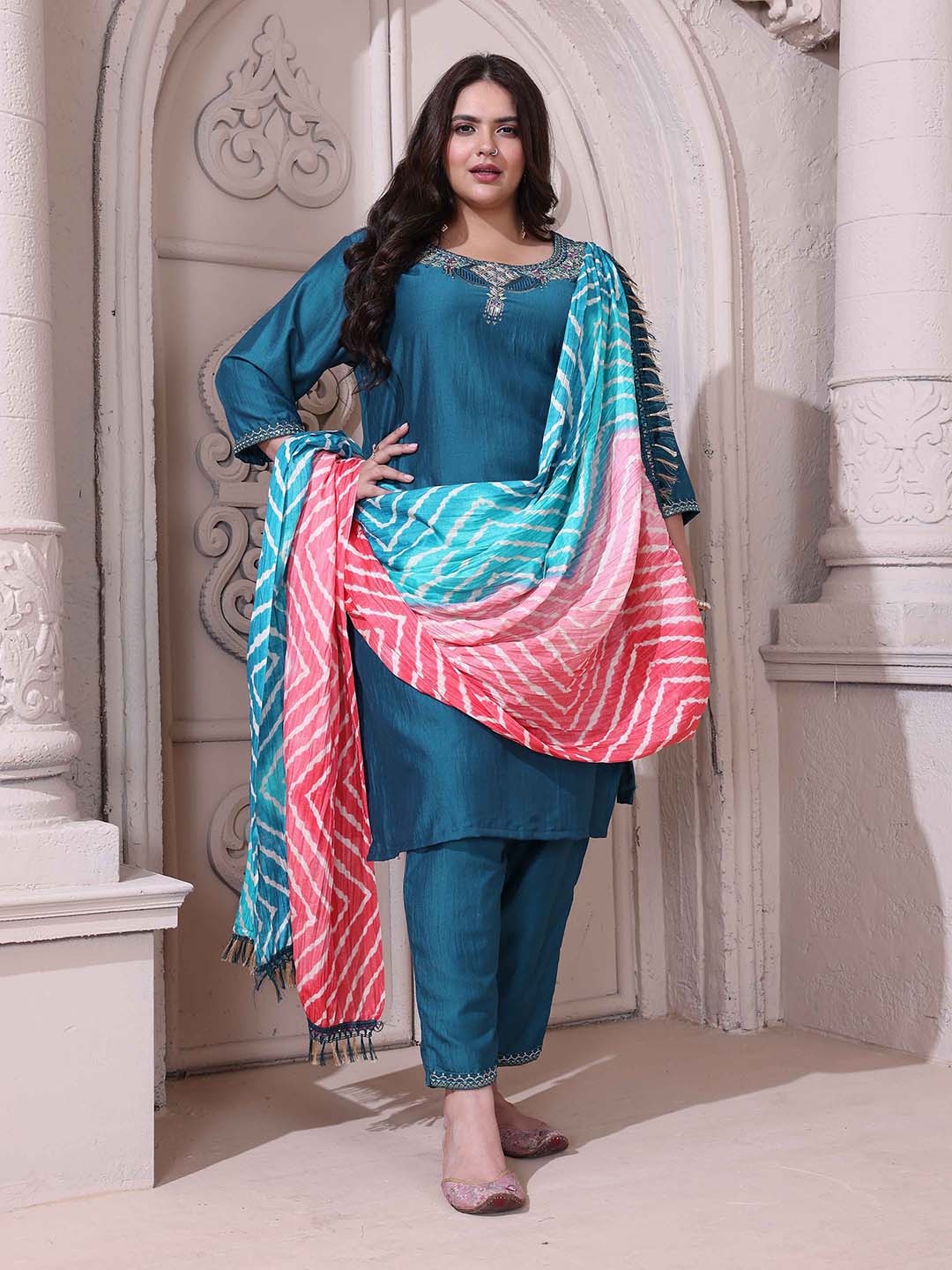 

Mimakiya Yoke Design Regular Thread Work Kurta With Trousers & Dupatta, Green