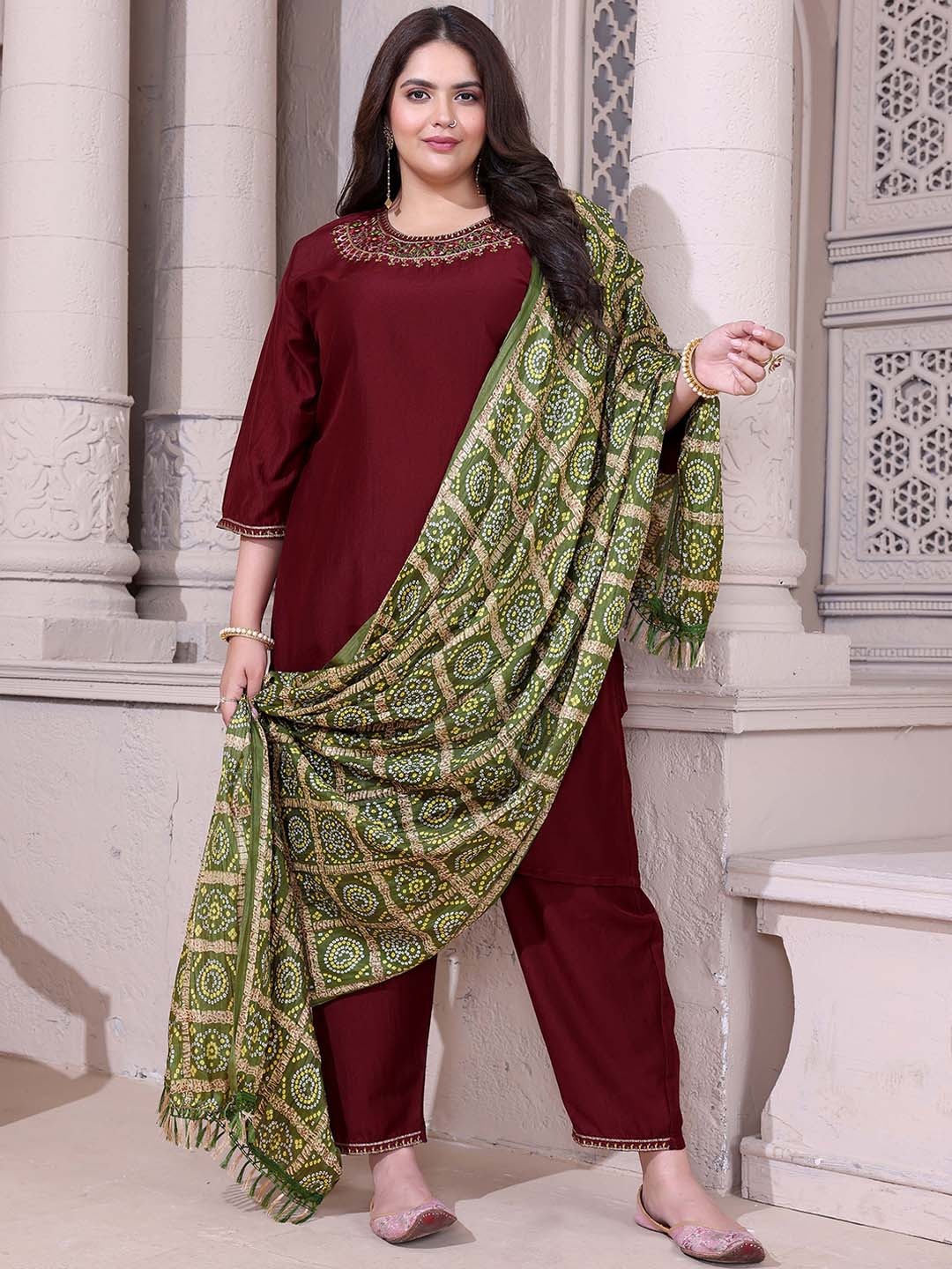 

Mimakiya Yoke Design Regular Thread Work Kurta With Trousers & Dupatta, Maroon