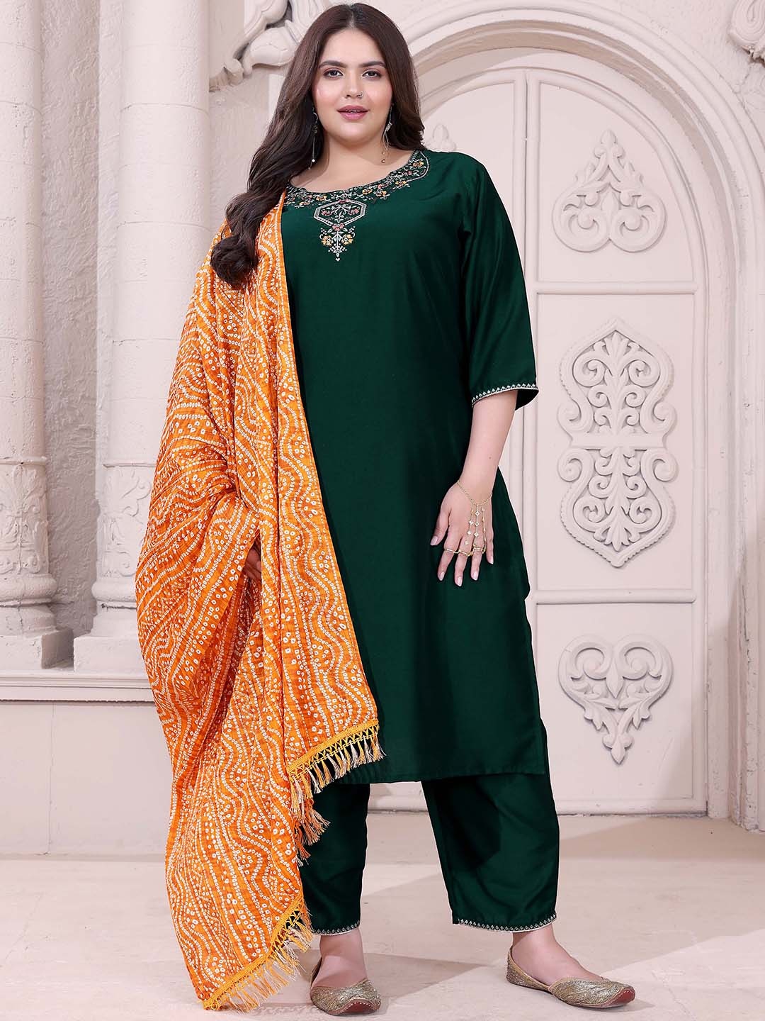 

Mimakiya Yoke Design Regular Thread Work Kurta With Trousers & Dupatta, Green